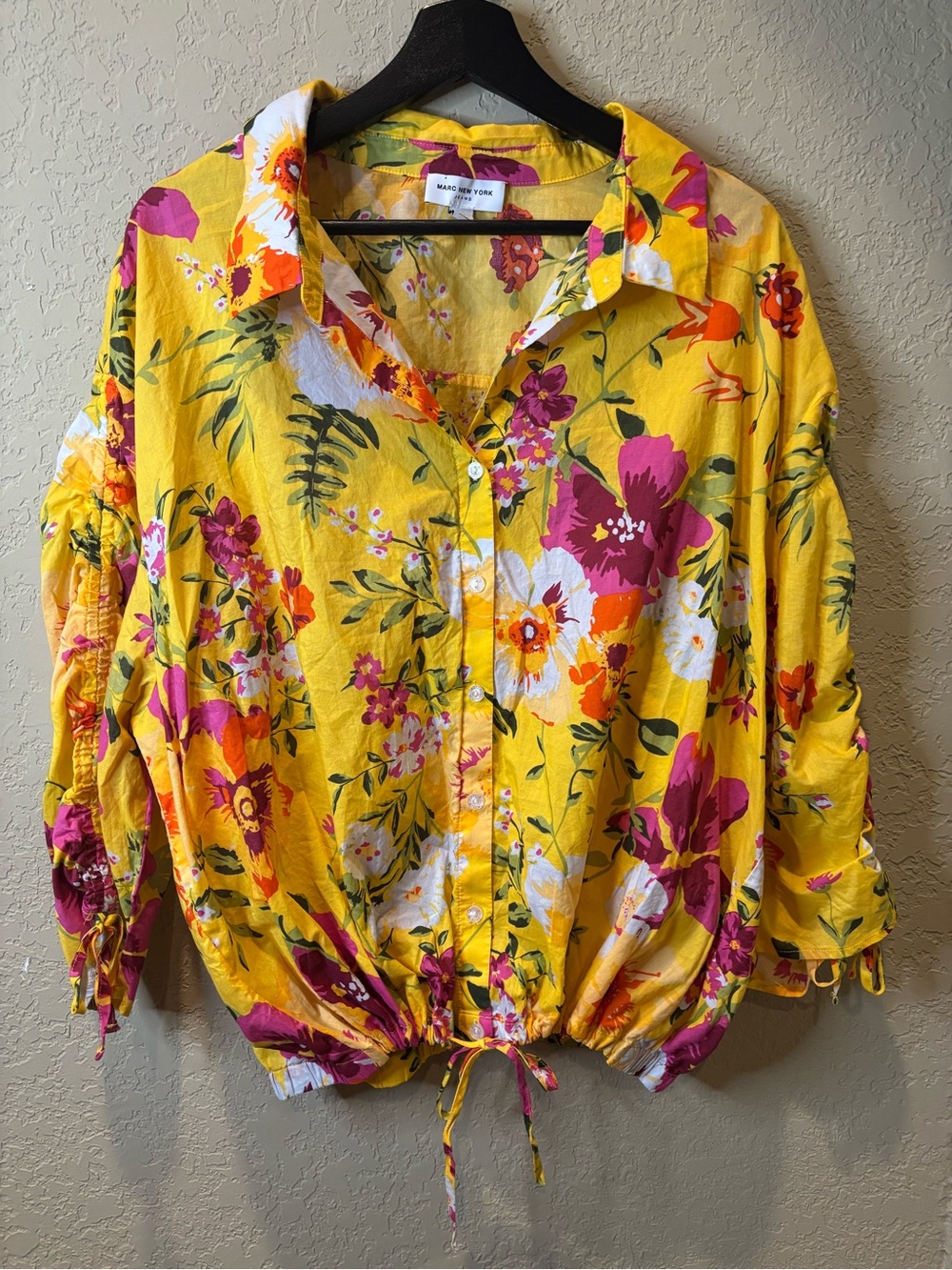 Marc New York Yellow Floral Button-Front Drawstring Hem Shirt